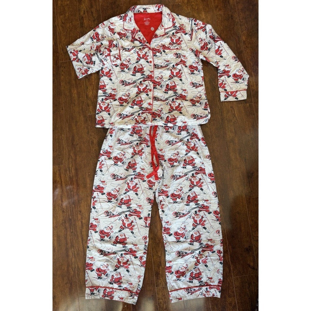 Nick & Nora Pajama Set Womens XL Santa Claus Christmas Cream Red Flannel Lounge